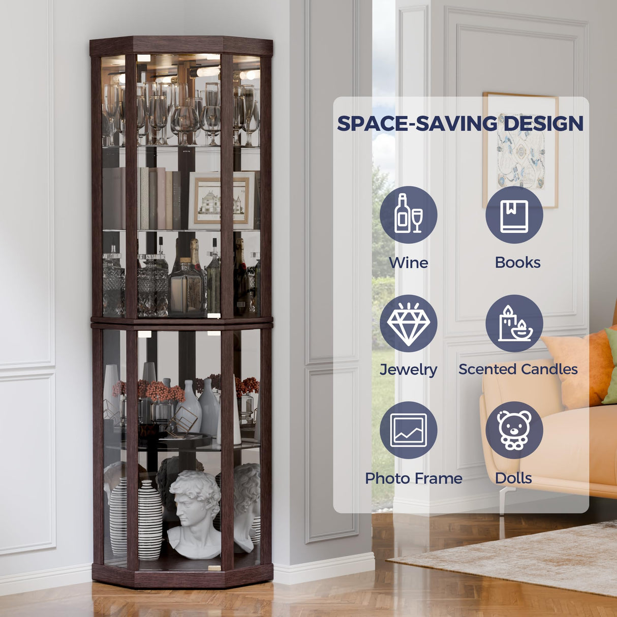 Trygoal Lighted 3-Side Glass Display Curio Cabinet, Corner China Cabinet with Tempered Glass Doors, Wooden Display Case with Light Bulb for Living Room, Dark Cherry Trygoal