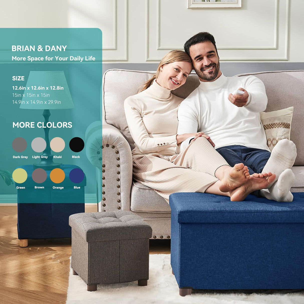 BRIAN & DANY Small Ottoman with Storage, Small Storage Ottoman, Folding Foot Stool with Wood Legs for Living Room and Bedroom Linen Rest Seat, 12.6"x12.6"x12.8" - Blue BRIAN & DANY