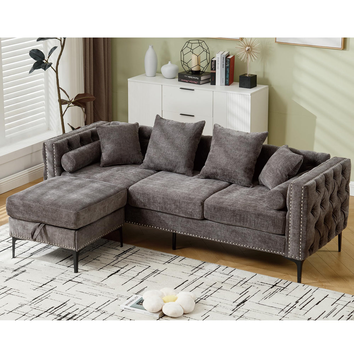 Ball & Cast 85" L Shaped Sectional Sofa with Storage Ottoman, Morden 3 Seater Tufted Couch with Nailhead Trim and Metal Legs for Living Room, Apartment, Office, Dark Gray Ball & Cast