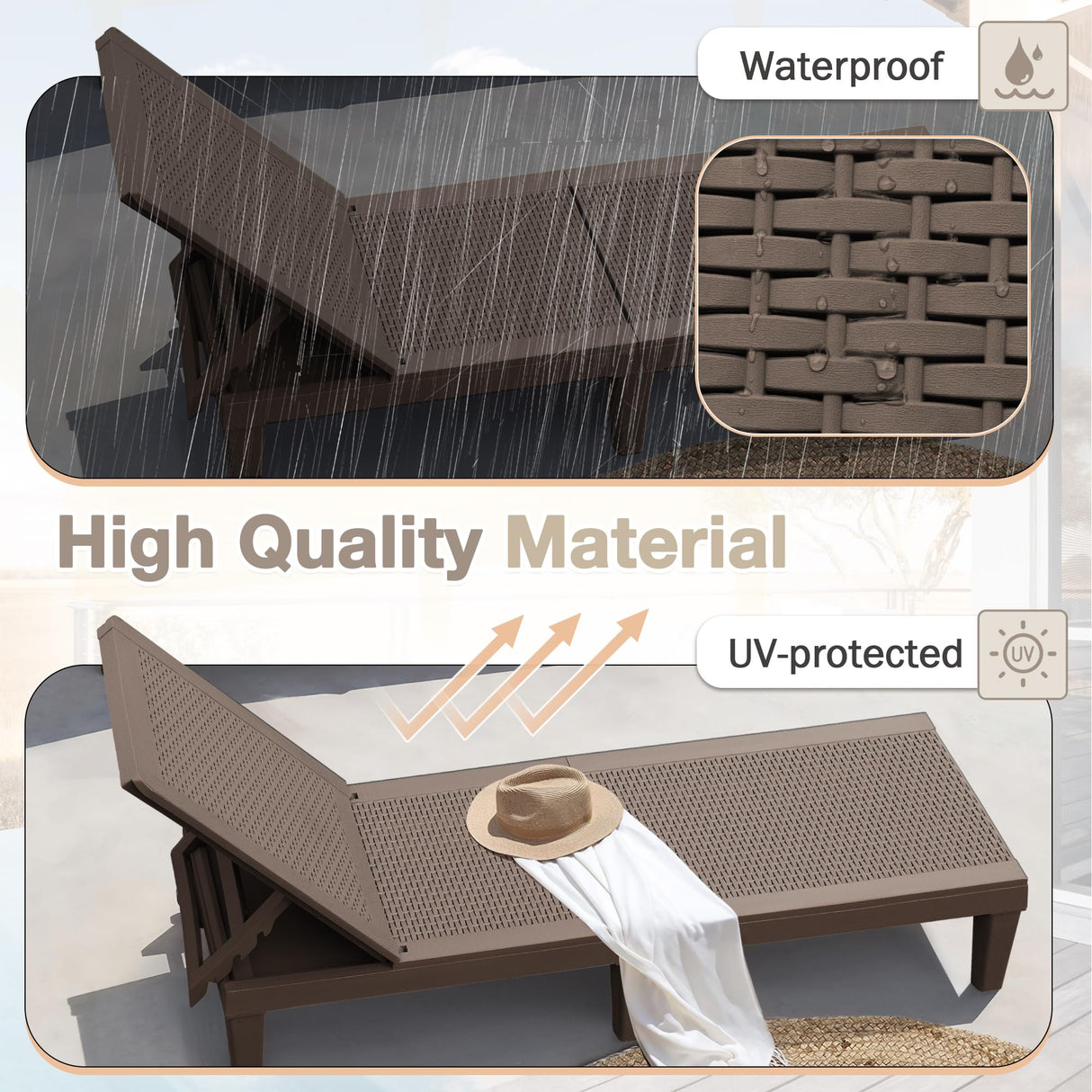 Homall Outdoor Lounge Chairs Set of 2, Quick Assembly & Waterproof Patio Chaise Lounge with Adjustable Backrest for Poolside, Beach, Garden (Deep Brown) Homall