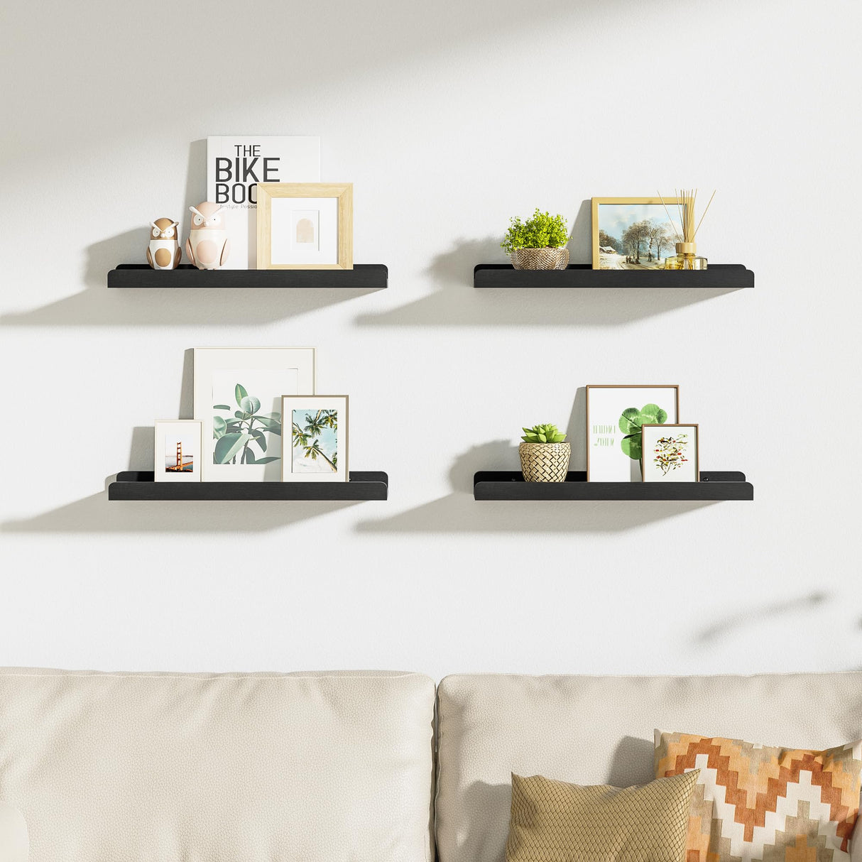 Love-KANKEI Black Floating Shelves for Wall Set of 4, Wood Wall Shelves with Lip,15.6 Inch Rustic Hanging Shelves for Bedroom Bathroom Living Room Kitchen Nursery Display Love-KANKEI