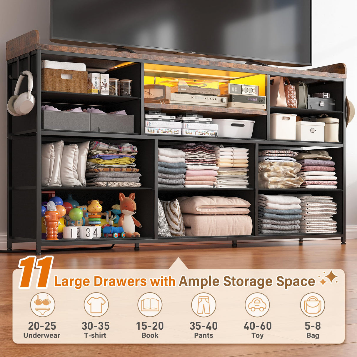 EnHomee Dresser TV Stand with 11 Drawers for 60" TV Stand for Bedroom with LED Lights & Power Outlets Long Dresser for Bedroom with Shelves & 4 Hooks, Sturdy Metal Frame & Thick Wood Top, Rustic Brown EnHomee