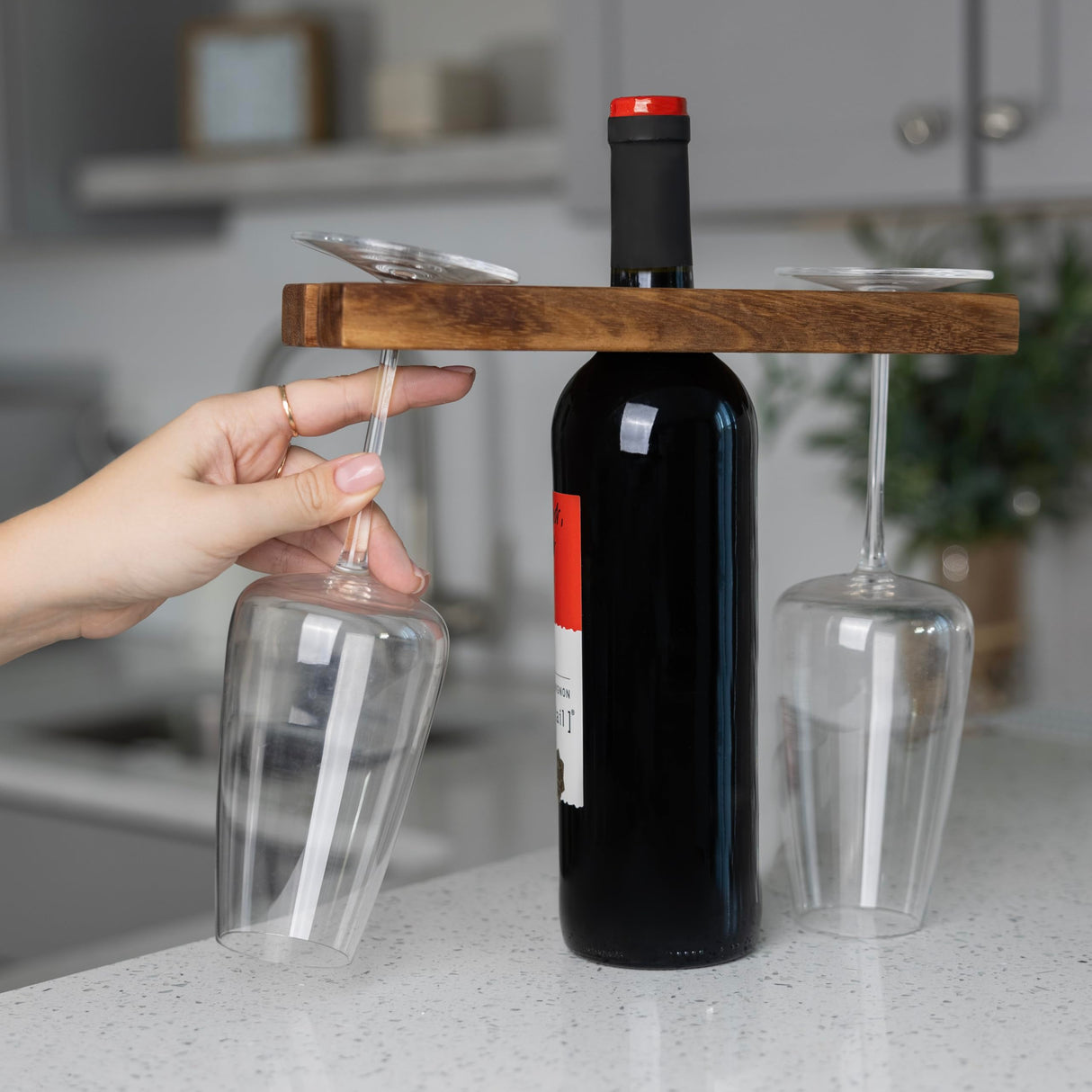 Ironwood Gourmet Acacia Wood Wine Glass Holder for Wine Bottles, Holds 2 Wine Glasses Ironwood Gourmet