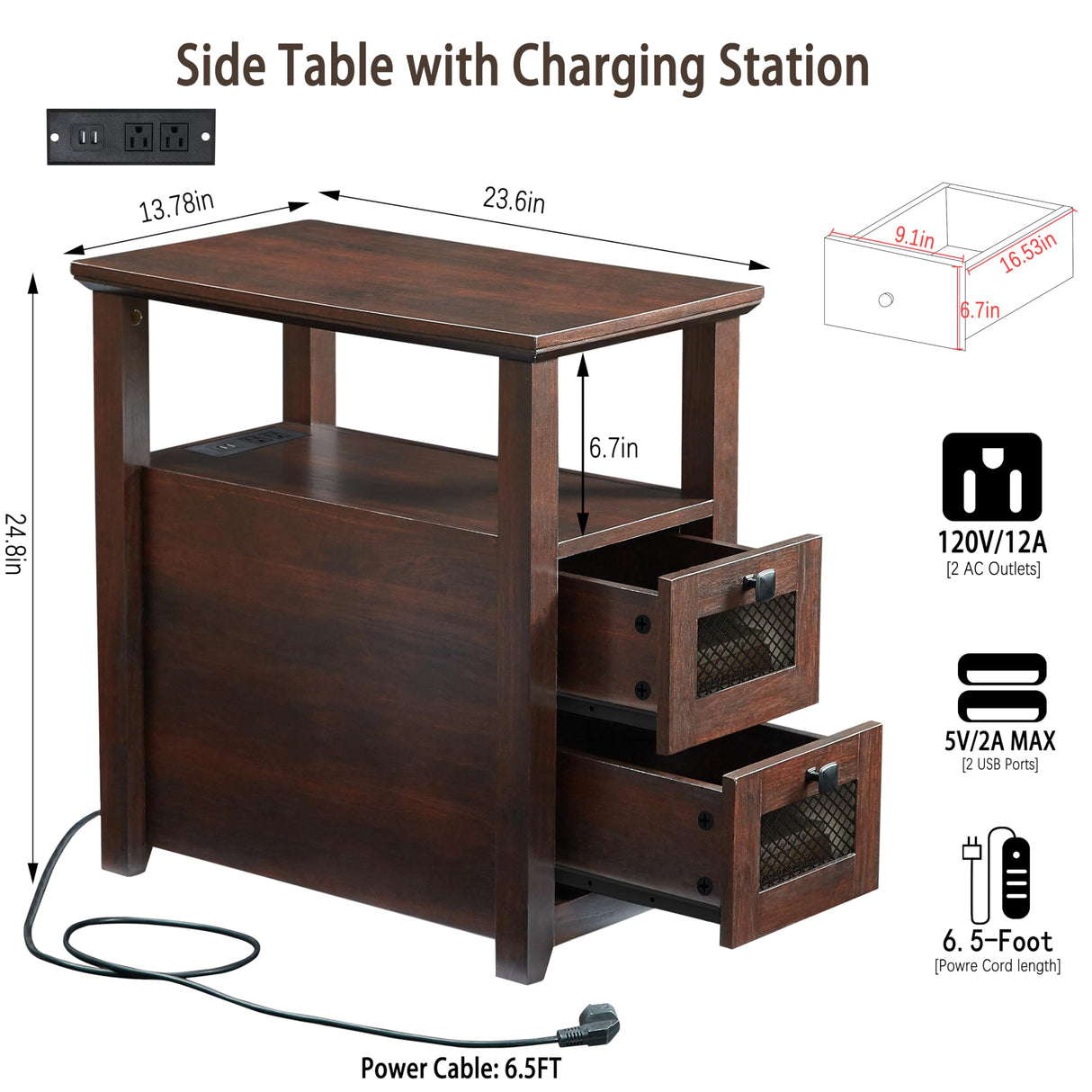 HDDDZSW Farmhouse XXL End Table with Charging Station, Narrow Side Table with USB Ports and Outlets, Nightstand with 2 Drawers Storage, Bedside Tables for Living Room, Bedroom, Rustic Cherry HDDDZSW