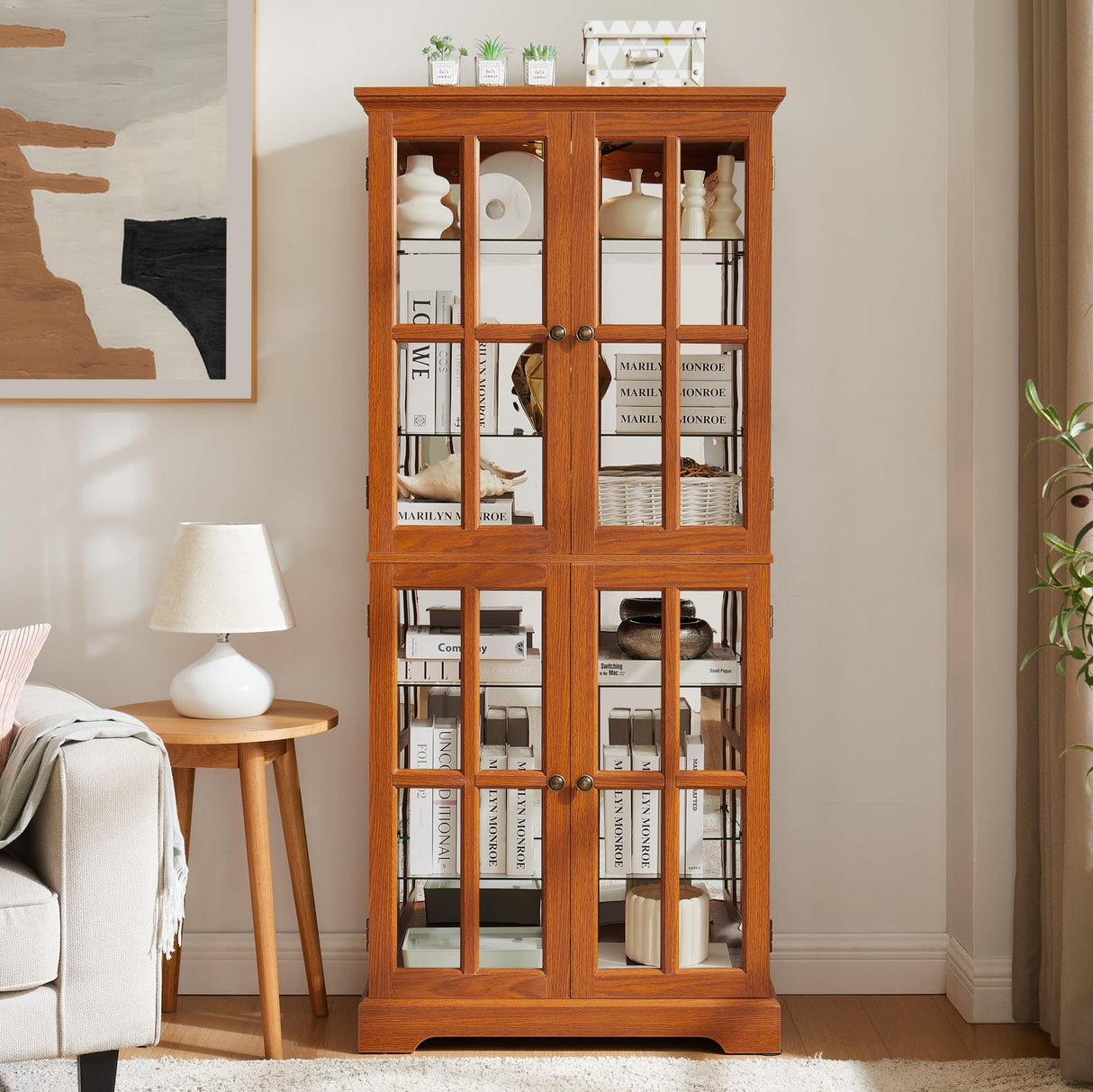 Eyisean Lighted Display Curio Cabinet 69" H China Cabinet with 4 Glass Doors, 6 Shelves, Freestanding Glass Display Cage Wine Cabinet Storage Rack for Bar and Liquor Storage (Dark Oak) Eyisean