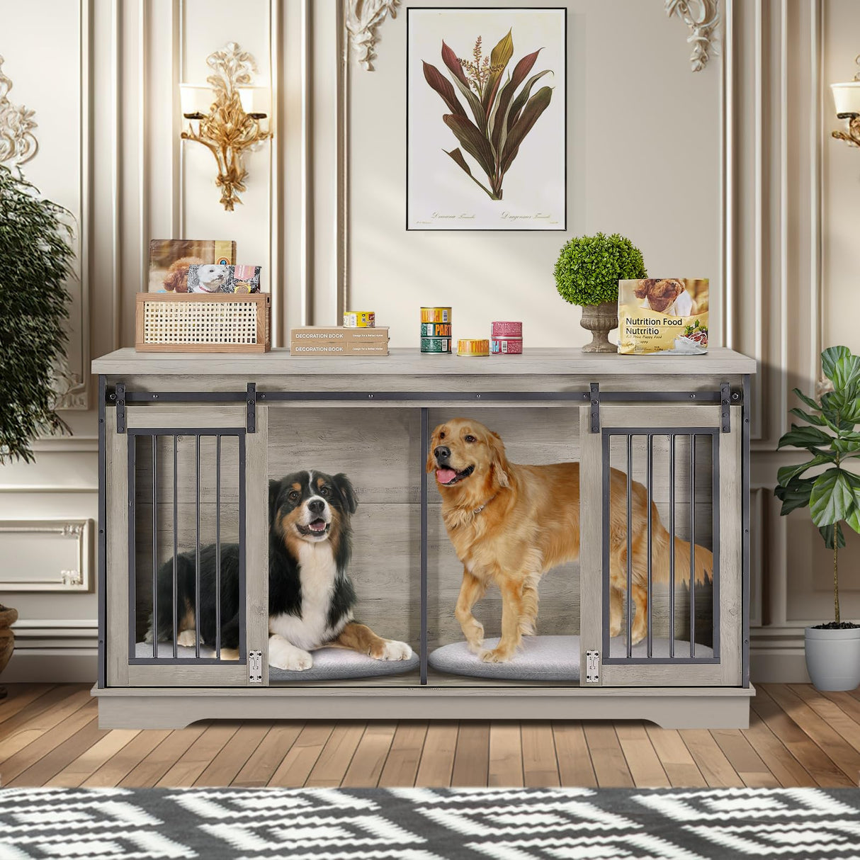 Yafylly 2-in-1 Double Dog Crate Furniture with Divider 60.6 Inch Grey Sturdy Dog Kennel TV Stand with 2 Sliding Doors and Thick Iron Door Frame for 2 Dogs Yafylly