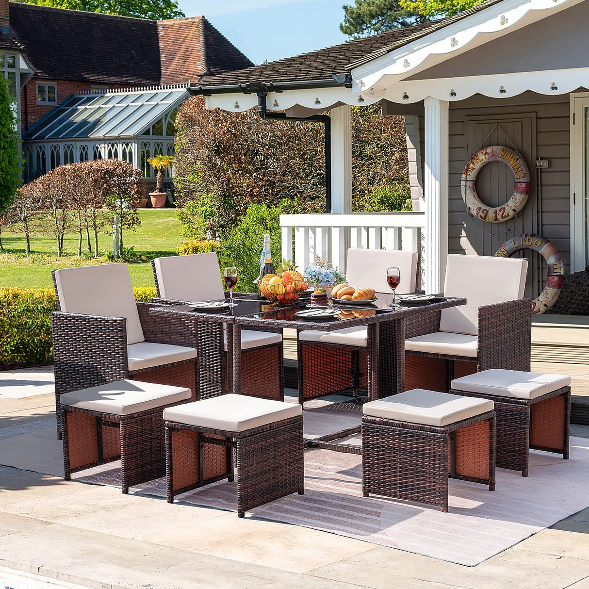 Homall 9 Pieces Dining Outdoor Furniture Patio Wicker Rattan Chairs and Tempered Glass Table Sectional Conversation Set Cushioned with Ottoman (Brown) Homall