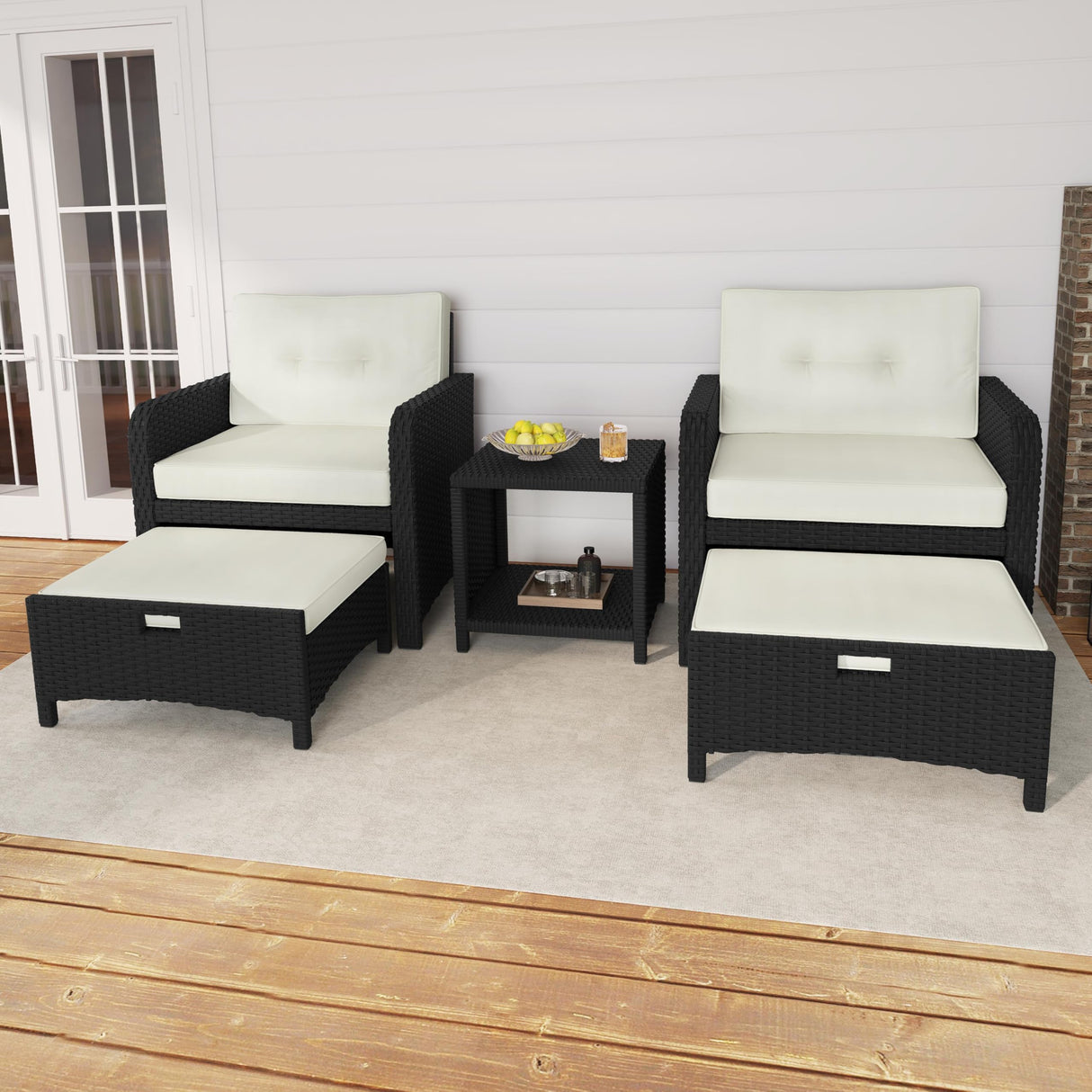 Yaheetech 5 Piece Patio Conversation Set with Ottomans, PE Wicker Balcony Furniture, Rattan Lounge Sofa with Cushions & Pillows, 2 Chairs & Side Table for Backyard, Porch, Garden, Black/Beige Yaheetech