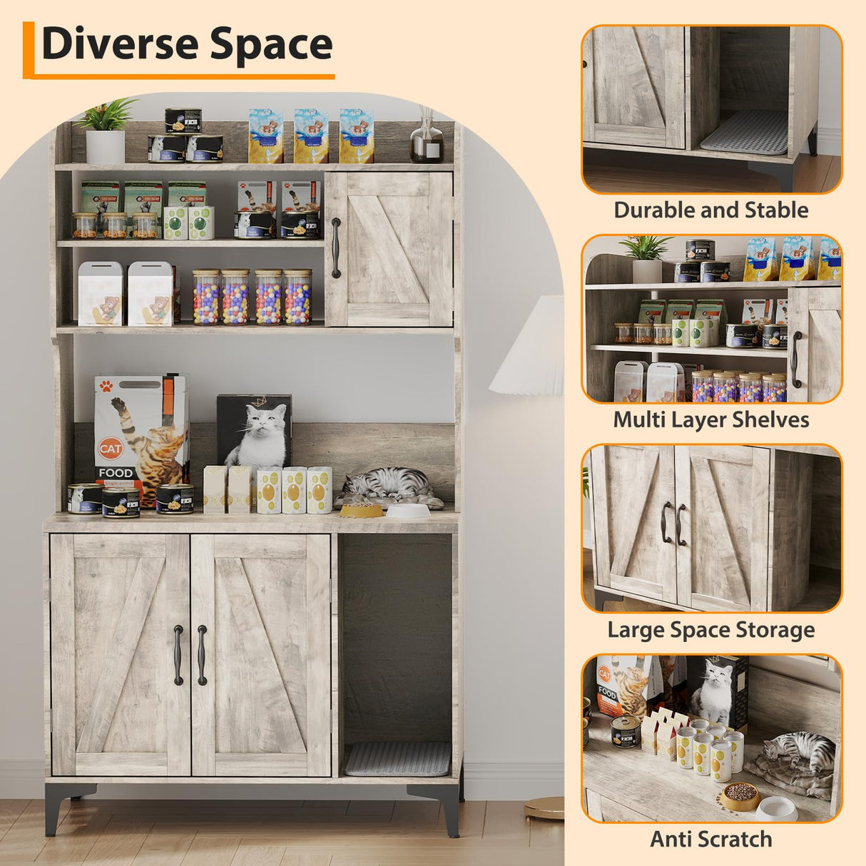 Large Cat Litter Box Enclosure Furniture with 3 Open Shelves and Storage Cabinet, Farmhouse Cat House Washroom with Scratch Pad, Modern Wood Pet House Side End Table for Livingroom Bedroom Doppeltcharms