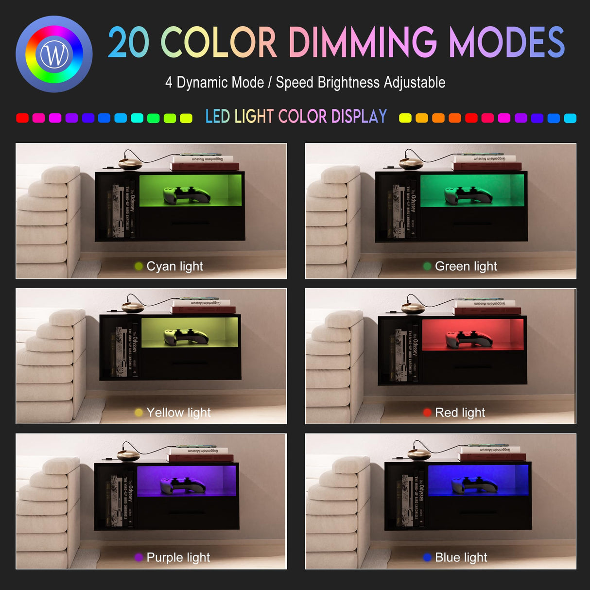 Bloddream Floating Nightstand with Charging Station and LED Light Strips, 21.3" Night Stand with Drawers, Floating Bedside with USB Ports and Outlets, Bedroom Furniture, Black Bloddream