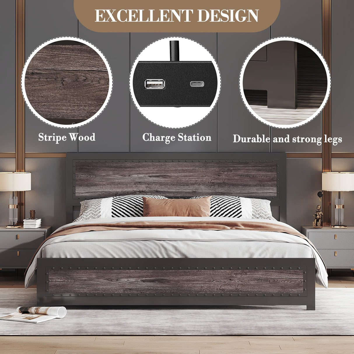 Curtainboro King Size Bed Frame with Charging Station, Bed Frames with Modern Industrial Wood & Rivet Design, No Box Spring Needed, Quick 15-Min Assembly Curtainboro