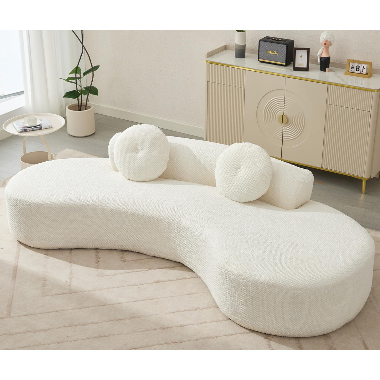 105.5''Curved Sofa,Cloud Couch Sofa,Modern Minimalist Sofa,3-4 Seater Couch with 2 Pillows,Bedroom, No Assembly Required, Point-Shaped Corduroy White HZANHY