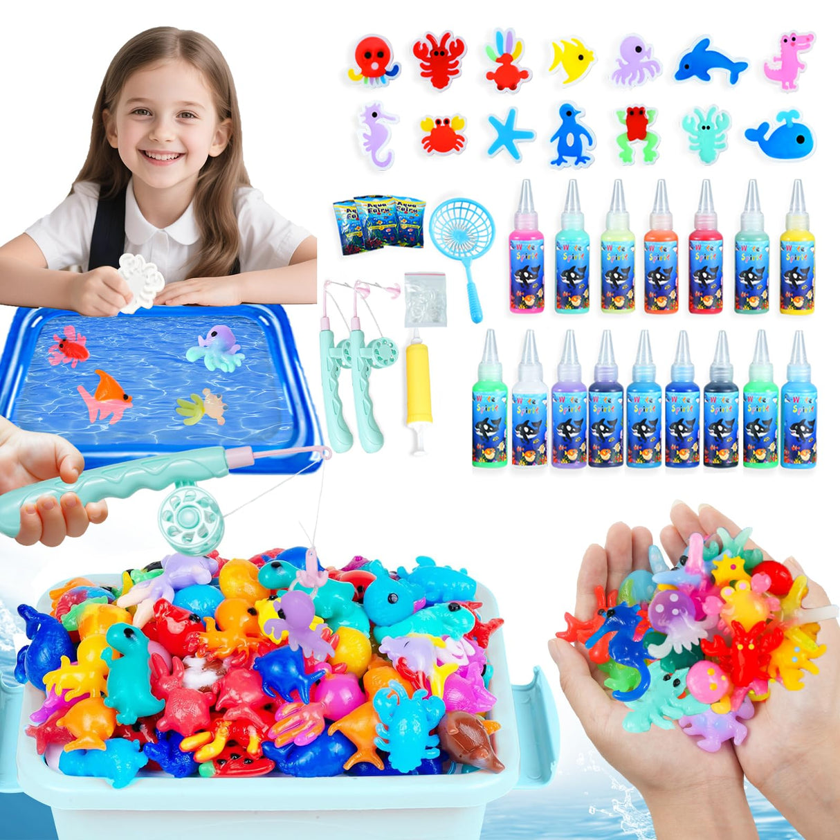 Magic Water Elf Toy Kit,Aqua Fairy Water Gel Kit-16 Magic Gesl&15 Molds-Make Water Pets with Fishing Set - Fun Kids DIY Craft Kit, Birthday Gift & Party Favors for Kids Ages 3+ MaxiBean