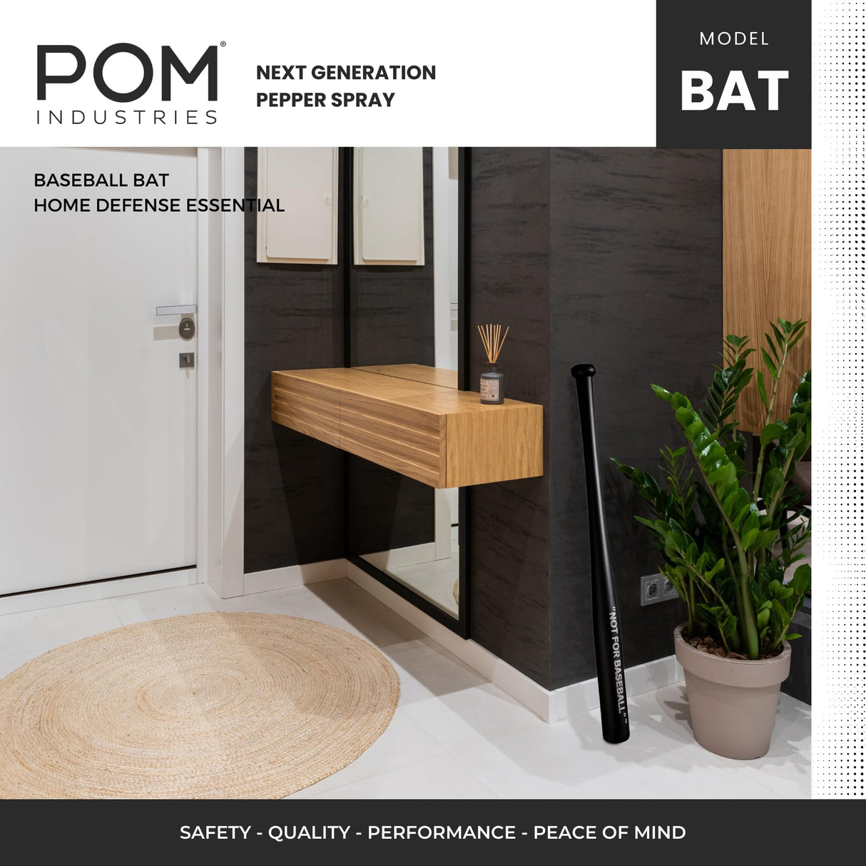 POM Baseball Bat - Not for Baseball Brand - Authentic Beech Wood - 30" Black - Softball, Batting Practice, Training, Self Defense, Home Security. POM