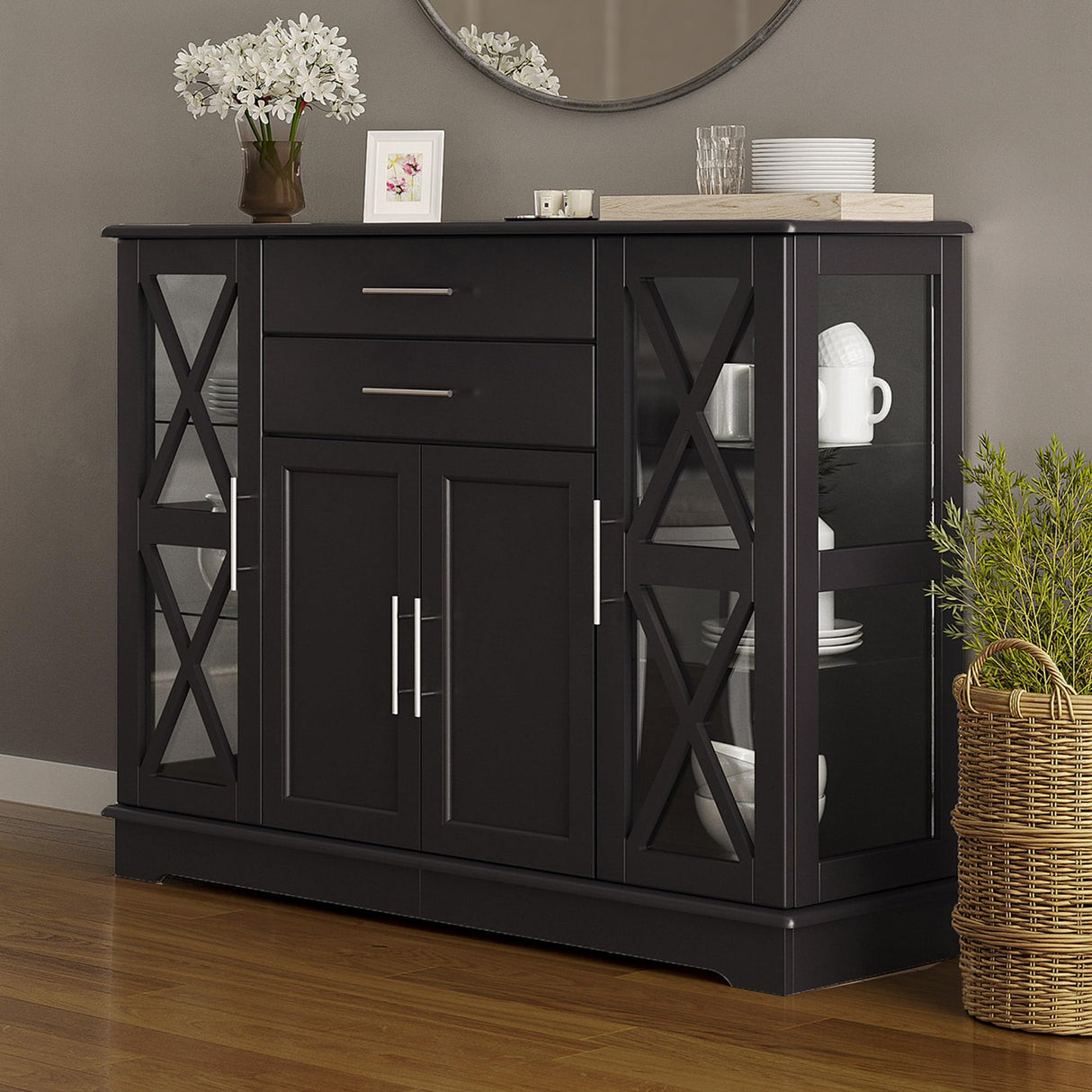 BELLEZE 017-HG-40007-ESP Sideboard Buffet, 47 Inch Storage Console Table Coffee Bar Kitchen Cupboard Pantry Glass Display Cabinet for Lving Entryway Dining Room,Espresso BELLEZE