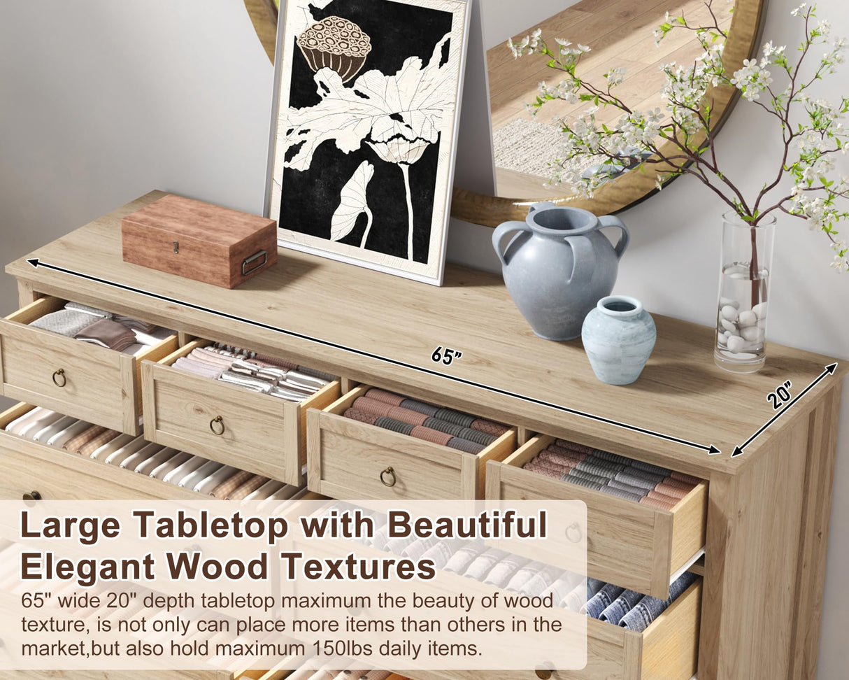 chartustriable 65inch Large Long Drawer Dresser w/Deep Drawers,Rustic Wood 8 Drawer Dresser with Large Capacity for Living Room,Wooden Chest of Drawers for Bedroom,Living Room,Entryway,Oak chartustriable