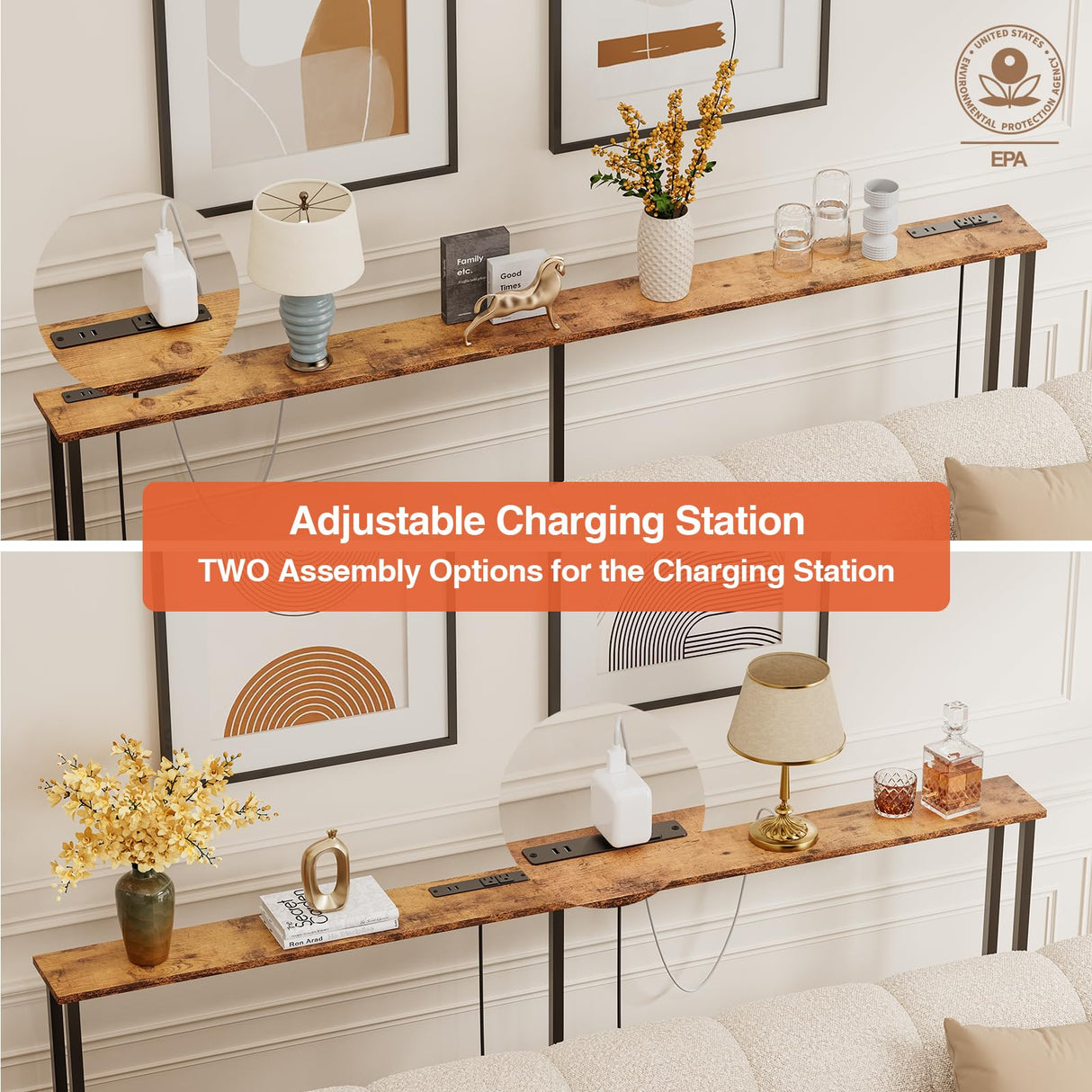 Keelian 70" Narrow Console Sofa Table - 2 Power Outlets & 2 USB Ports, Metal Frame, Rustic Brown, Perfect for Hallway, Office, and Behind Sofa - Easy Assembly, 4.9" Extension Cord Included Keelian