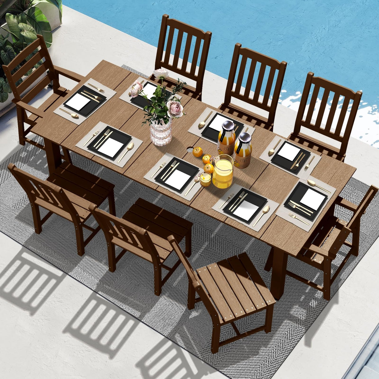 LOUNZY 9 Pieces Patio Dining Sets, Outdoor HDPE Furniture Set for 8 w/ 2" Hole Cut-Out Dining Table with 8 Patio Chairs(2 W/Armrest, 6 w/o Armrest), Brown LOUNZY