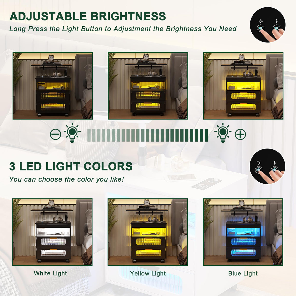 HNEBC Nightstand with Wireless Charging Station, LED Nightstand Has Adjustable Rotary Workstation,Smart Night Stand with 2 Drawers,Modern Bedside Table for Bedroom, Sensor Light/Wheel (Black) HNEBC