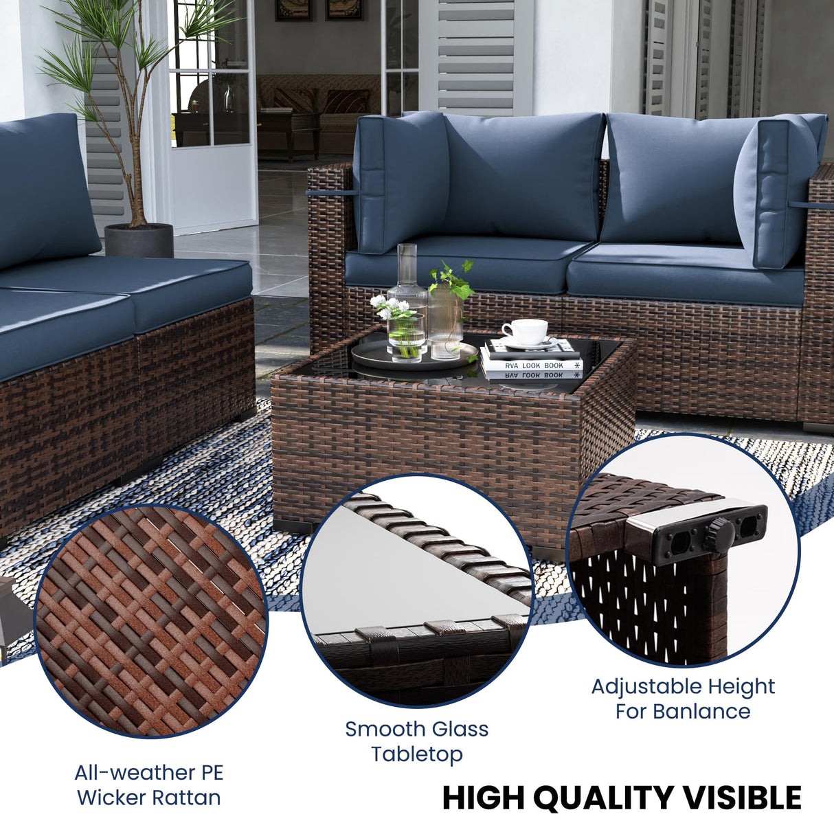 UDPATIO Patio Furniture Sets, Modular Rattan Outdoor Patio Sectional Furniture Sofa Set, Wicker Patio Conversation Set for Backyard, Deck, Poolside, 2PC Brown/Blue UDPATIO