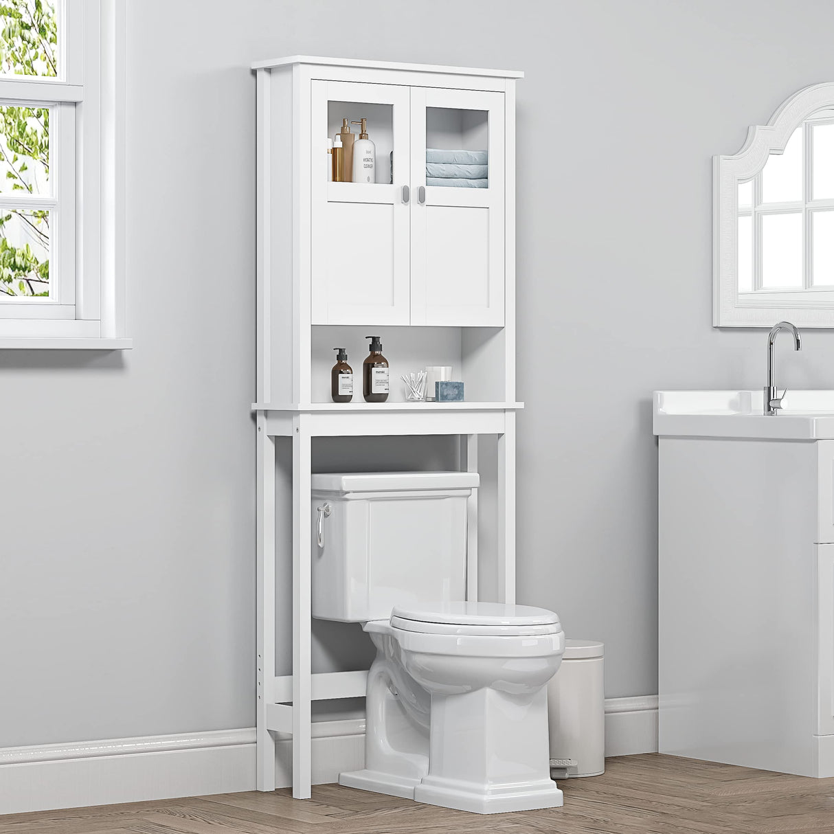 Spirich White Over Toilet Bathroom Storage Cabinet with Glass Doors and Adjustable Shelves Spirich