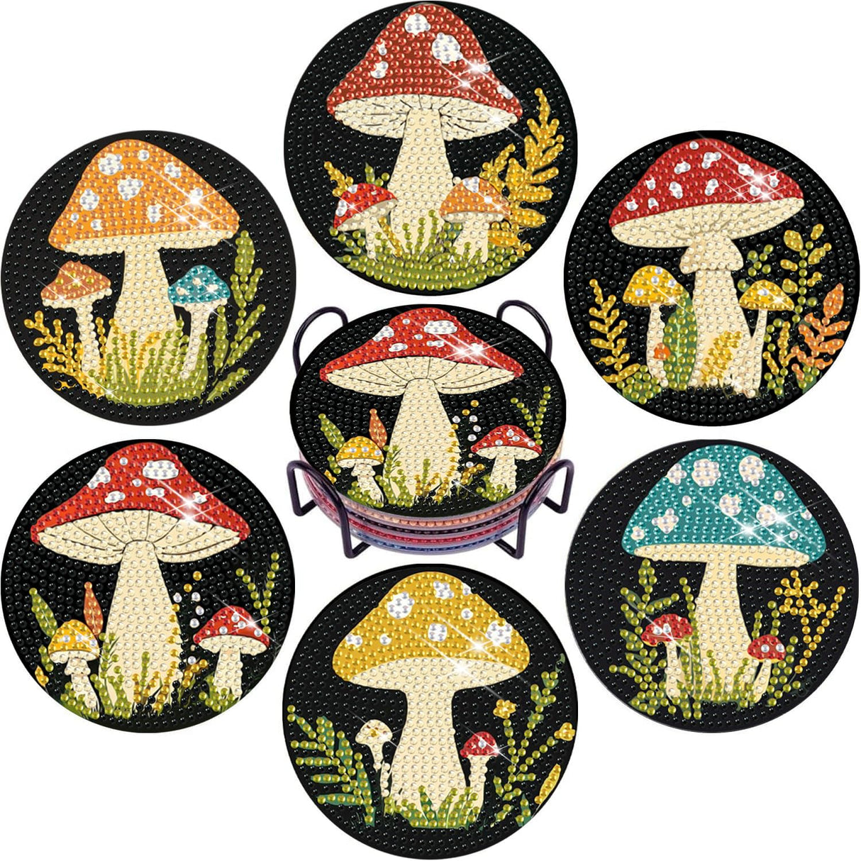 EWJRNSF 6 PCS 5D Diamond Painting Coasters Kits with Holder, Small Diamond Art Kits for Adults Beginners Diamond Dots Arts and Crafts Gems Supplies Item Mushroom Shaped EWJRNSF