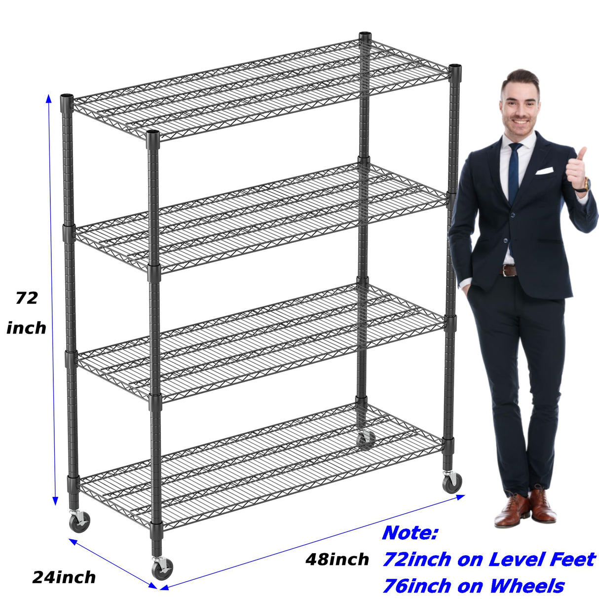 Homdox Heavy Duty Metal Shelves for Storage, 4 Tier Storage Racks and Shelving, Commercial Adjustable Wire Shelving Unit on Wheels, Garage Rack Pantry Shelves Kitchen Shelving, 24"x48"x72", Black Homdox