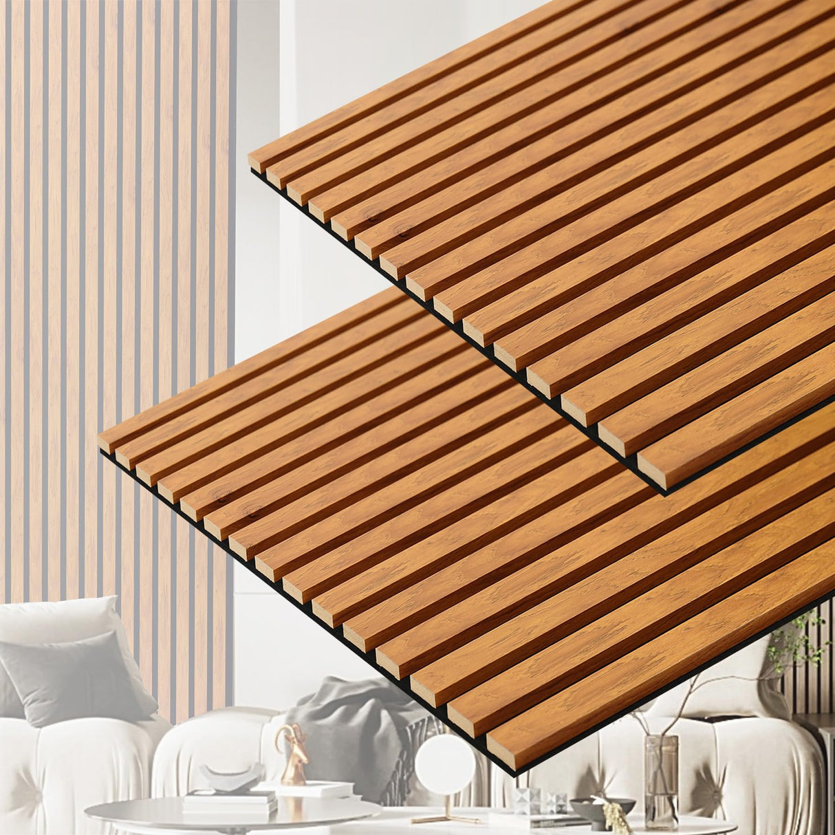 Taaizau 3D Slat Acoustic Wall Panels with Wood Finish Accent, 2 Pack Sound Absorbing Paneling for Studio, Office, Living Room, Bedroom Interior Decor (Natural Walnut, 48''L x 24''W) Taaizau