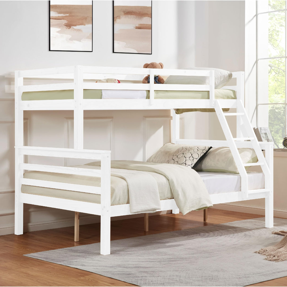 FLEXISPOT Twin Over Full Solid Wood Bunk Bed with Thick Posts,Wooden Bunk Bed with High Guardrail and Ladder for Kids, Teens, Dorm Rooms, and Guest Rooms,No Box Spring Needed,White FLEXISPOT