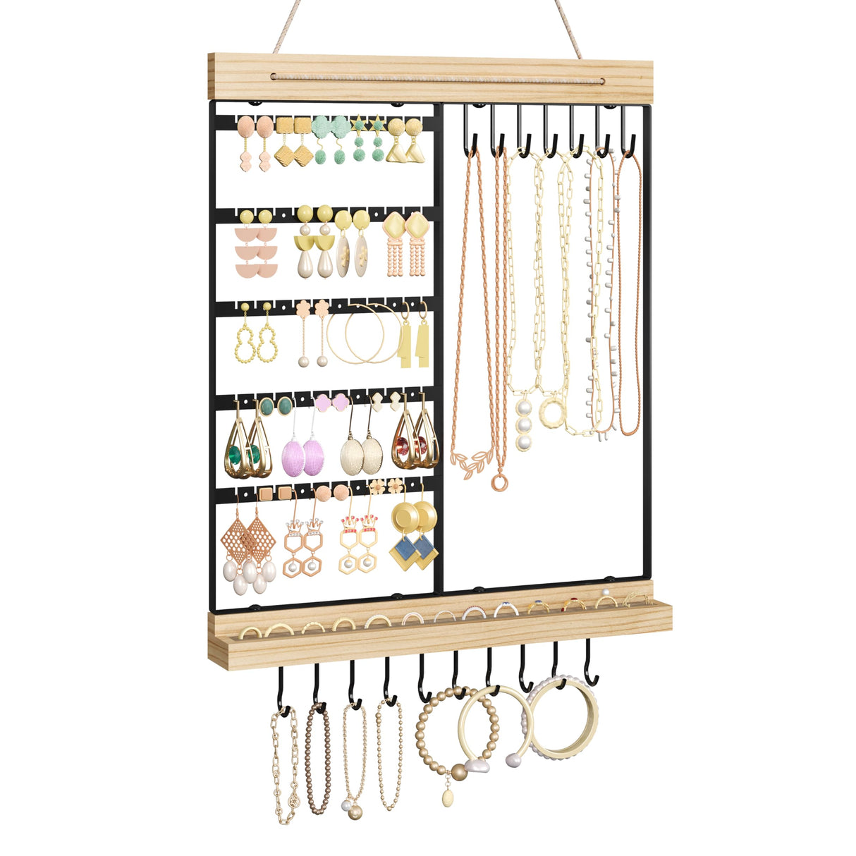 Feyejade Hanging Jewelry Organizer, 5-Tier Wall Earring Holder with Wooden Ring Groove, Jewelry Rack Wall Mounted for Earrings, Necklaces, Bracelets and Rings, Jewelry Holder Stand,Black Feyejade