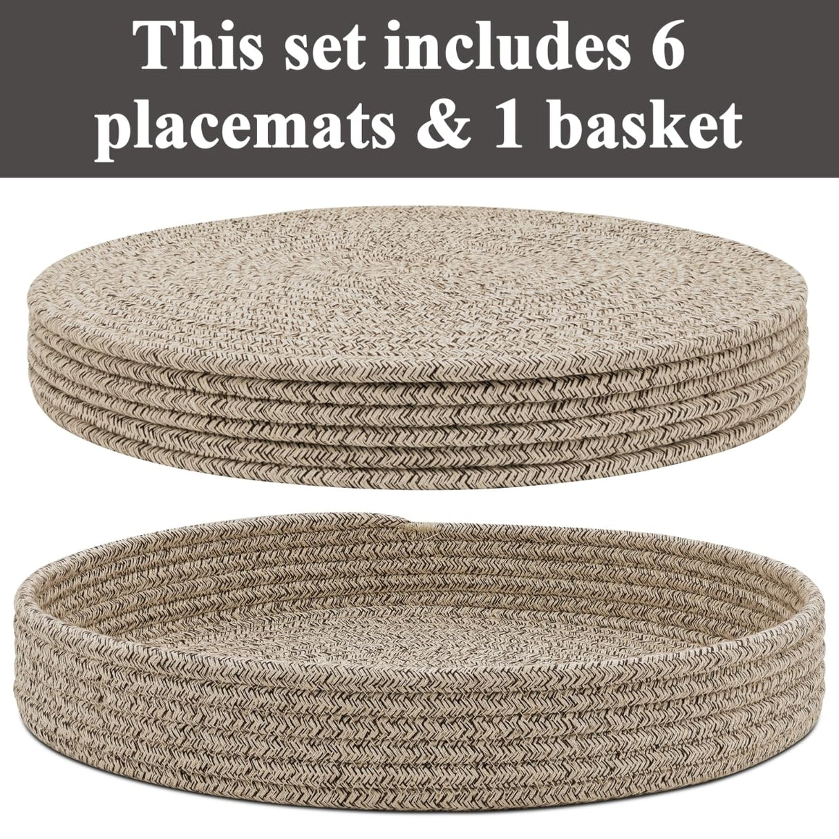 Round Placemats Set of 6 with Holder, Cotton Rope Woven Place Mats, Hot Pads for Kitchen, Heat Resistant Table Mats, 13 Inch Farmhouse Washable Braided Placemat for Kitchen Decor (Brown) Jukercici