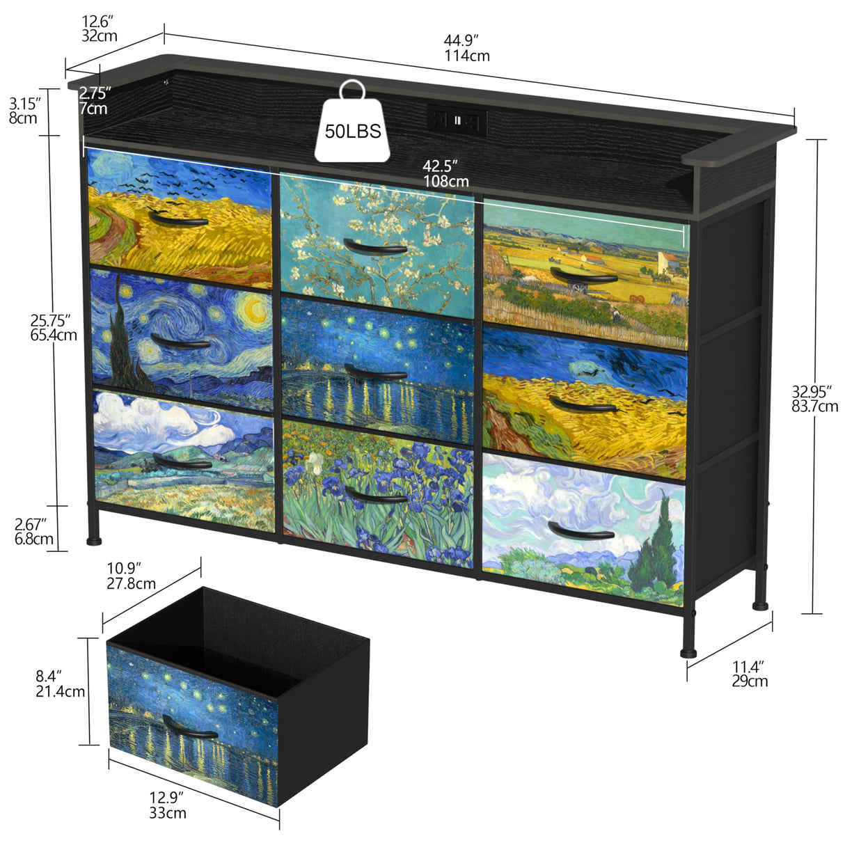 Welfuturer Dresser for Bedroom with 9 Drawers Van Gogh Dressers & Chest of Drawers Fabric Clothes Drawer Fabric Closet Organizer for Living Room Entryway Closet Nursery Sturdy Steel Frame Wood Top Welfuturer