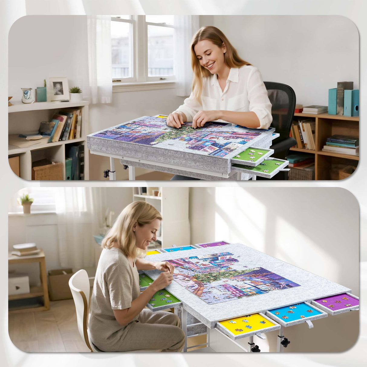 Tektalk 2000 Piece Foldable Felt Jigsaw Puzzle Table with Height Adjustment, Puzzle Board for Adults with 2 Cover & 8 Sorting Trays/Drawers, Easel with Legs, Enclosed with 4 Roller Wheels - Light Gray Tektalk