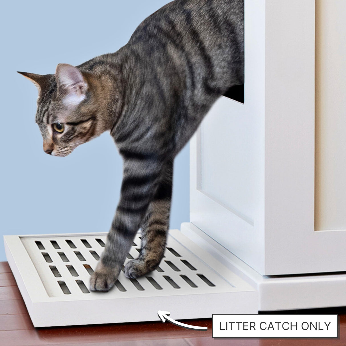 THE REFINED FELINE Litter Catch for The Refined Litter Box Enclosure Cabinet in White, Solid Wood with Slots to Catch Stray Litter As Cats Exit The Litter Box, Trap Door for Easy Emptying THE REFINED FELINE