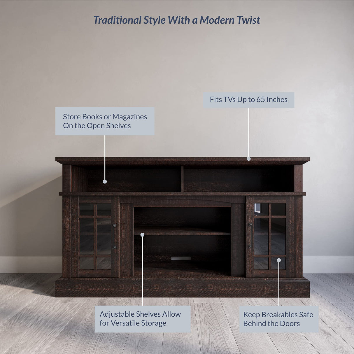 BELLEZE Traditional 58 Inch Rustic Wood TV Stand & Media Entertainment Center Console Table for TVs up to 65 Inches with Open Storage Shelves & Cabinets - Astorga (Espresso) BELLEZE