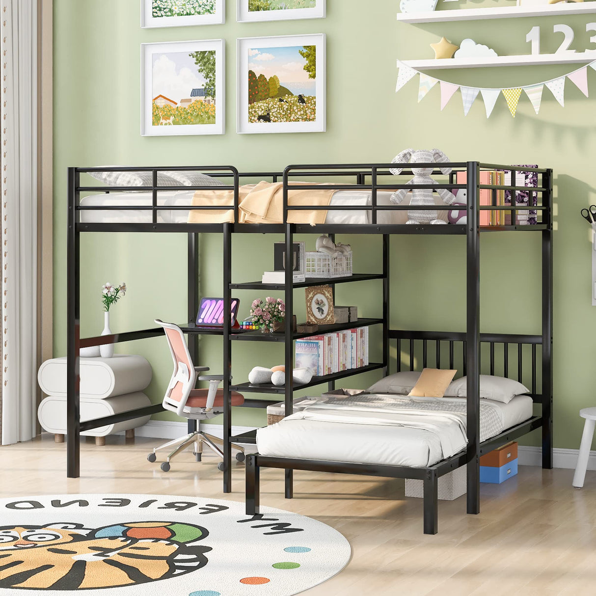 Merax Full Over Twin Metal Bunk Bed, L Shaped Loft Bed Frame with Built-in Desk, Shelves, and Ladder, Black Merax