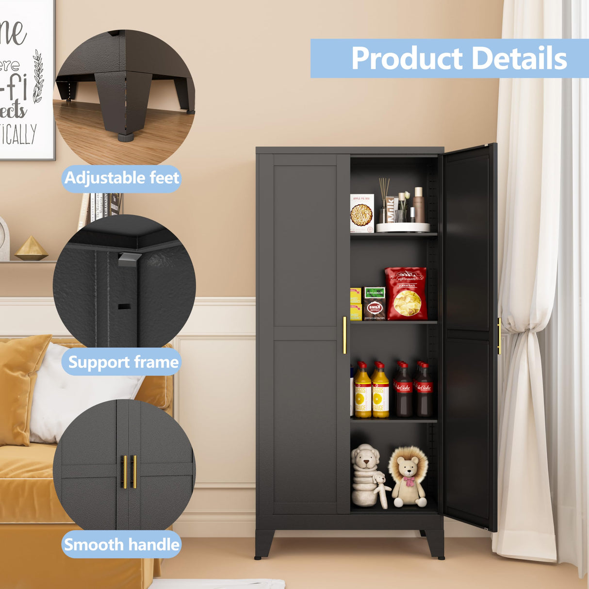 RISTERN Black Metal Storage Cabinet, 48" Steel File Cabinet for Home Office, Kitchen Pantry Storage Cabinet with Doors and 3 Adjustable Shelves, Tool Cabinet, for Office, Home, Garage, School RISTERN