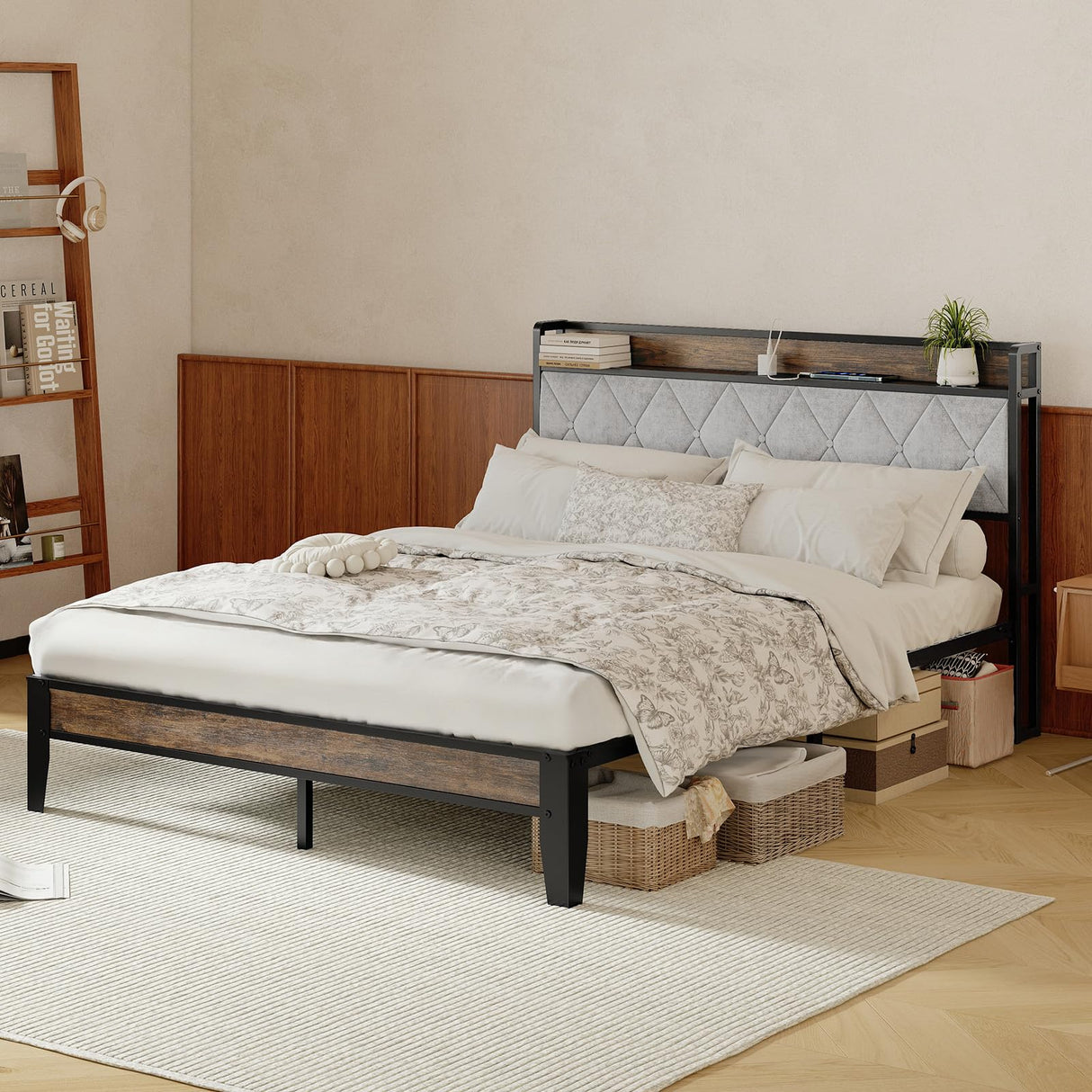 Sweetcrispy Queen Bed Frame with Headboard, Storage Headboard with USB Charging Station, Durable Squeak-Free Frame, Simple No-Tool Assembly,Works with Queen Mattress No Box Spring Needed Sweetcrispy