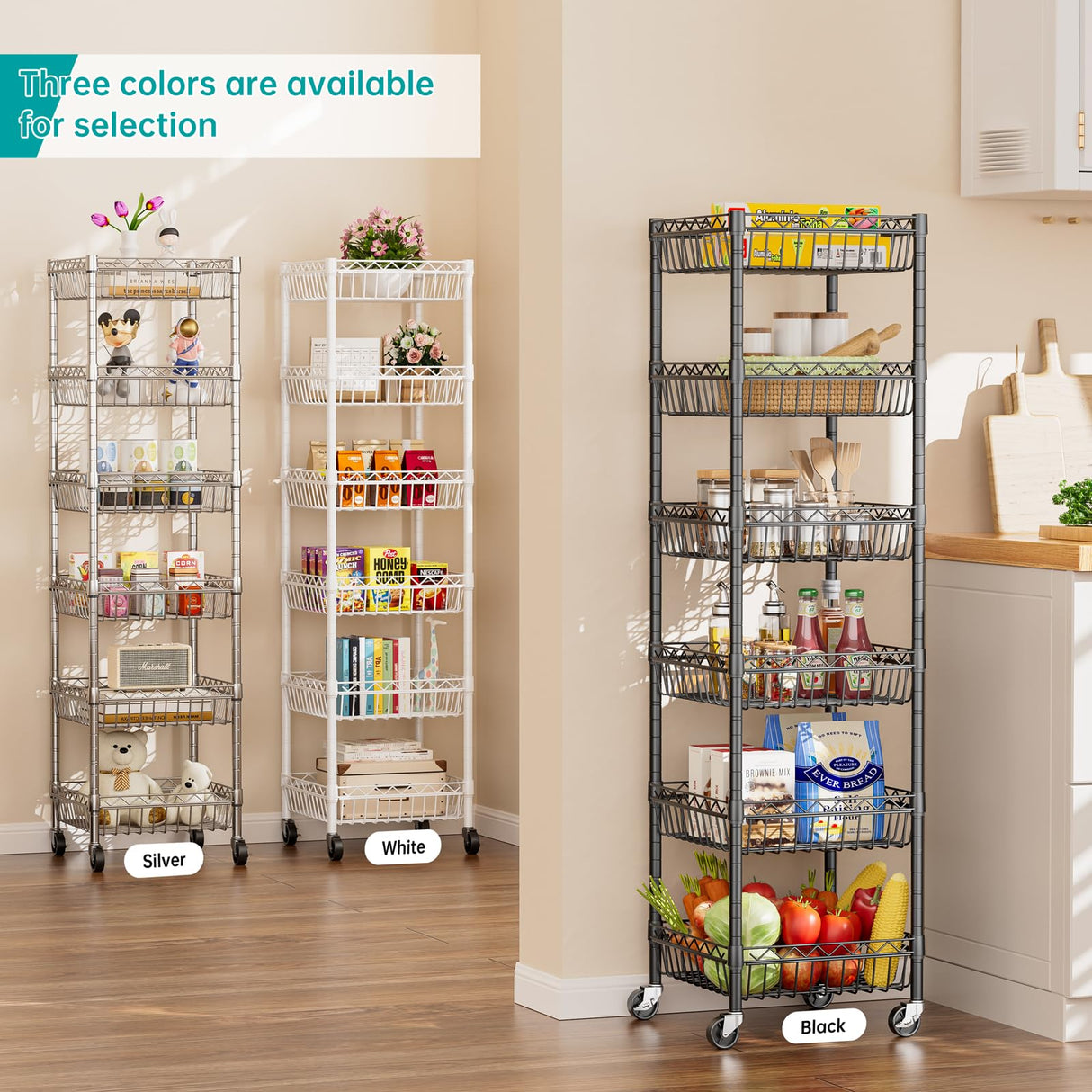 SINGAYE 6 Tier Shelf Wire Rack Shelving with Wheels Metal Storage Shelves Adjustable Closet Bathroom Organizers Baskets Pantry Kitchen Garage Laundry Room 13.5" D x 13.5" W x 63" H Black SINGAYE