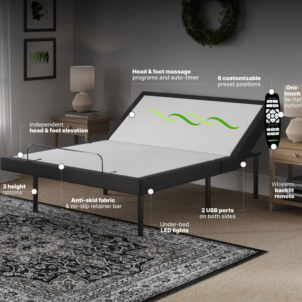 GhostBed Adjustable Bed Frame Split King 14" Cooling Memory Foam Mattress - Adjustable Electric Bed Base with Zero Gravity and Massage – Split King Adjustable Base with Mattress GhostBed