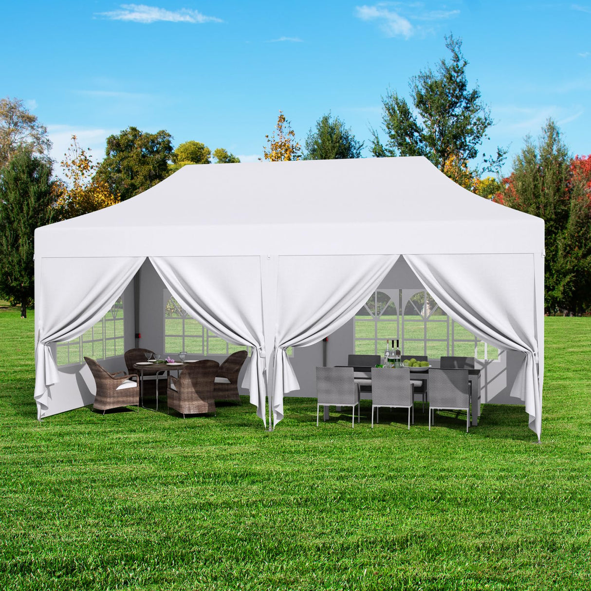 MAMIZO 10x20ft Pop up Canopy Tent w/6 Sidewalls, Heavy Duty Wedding Party Tent, Height Adjustable Large Commercial Gazebo, Instant Sun Protection Shelter W/Upgraded 3 Raised Roofs, Wheeled Bag (White) MAMIZO