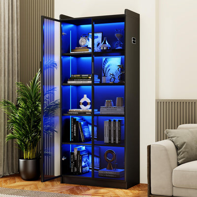 Display Cabinet with Doors and Adjustable Shelves, 65" Tall Bookcase with LED Lights/Human Sensor, 5 Tier Display Case for Collectibles Bedroom Living Room Office, Black - Smoked Black Door