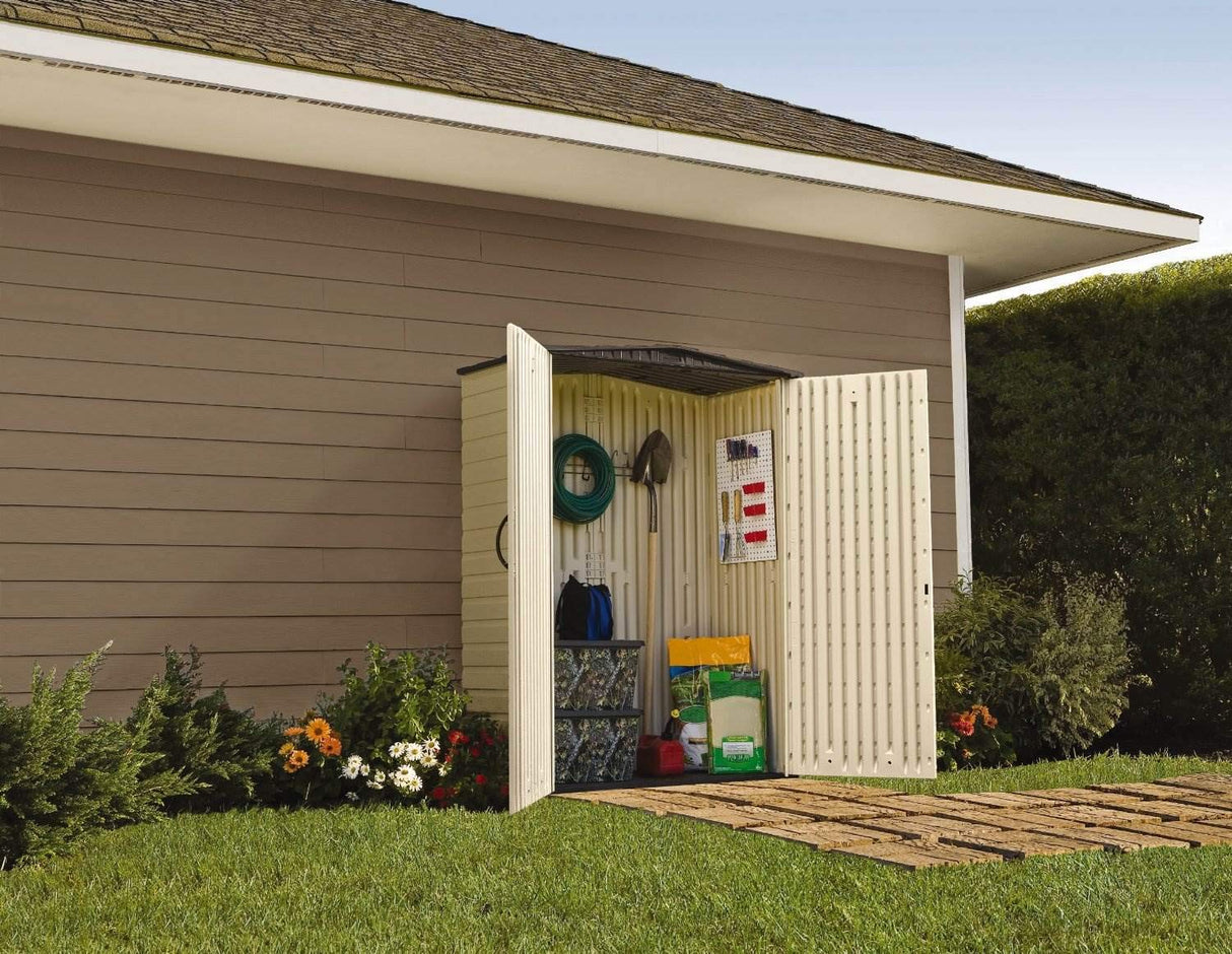 Rubbermaid Small Vertical Resin Outdoor Storage Shed With Floor (2.3 x 4.6 Ft), Weather Resistant, Beige/Brown, Organization for Home/Backyard/Pool Chemicals/Toys/Garden Tools/Porch/Patio Cushions Rubbermaid