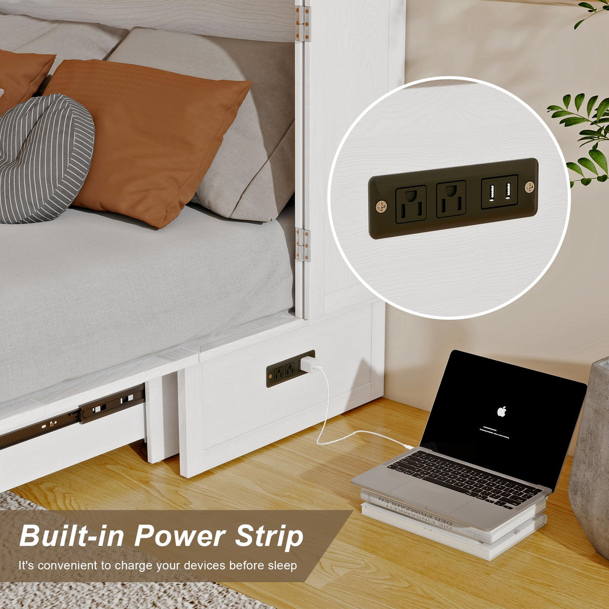 Keloyid Solid Wood Murphy Bed Cabinet:Queen Size Murphy Bed with USB Charging Station and Large Storage Drawer for Home,Optimize Sleeping Space(Mattress Not Included) Ivory White-11 Keloyid