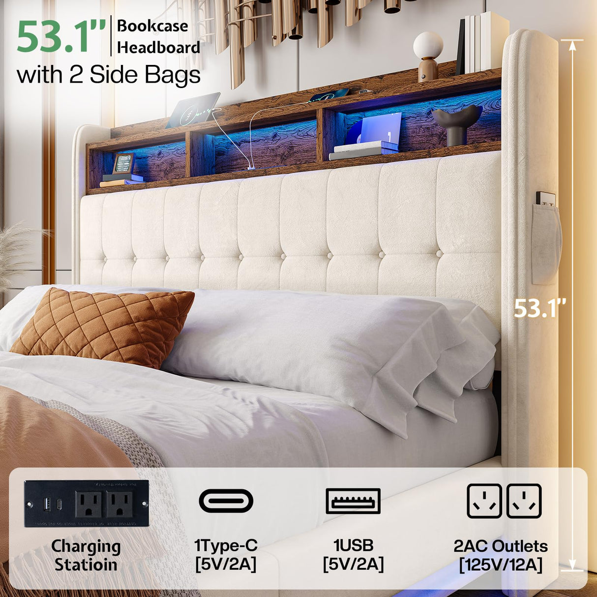 Jocisland Queen Size Bed Frame with Hydraulic Lift Up Storage, 53.1" H Built-in Bookcase & RGB LED Headboard, Velvet Upholstered Wingback Design, No Box Spring Needed, Cream Jocisland