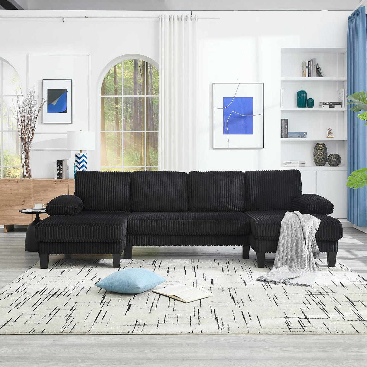 114.2” W Corduroy Sectional Sofa for Living Room, U-Shaped Couch with Double Chaises and Comfortable Backrest, Modern 4-Seater Deep Cloud Sofa (Black) LUCKHAO