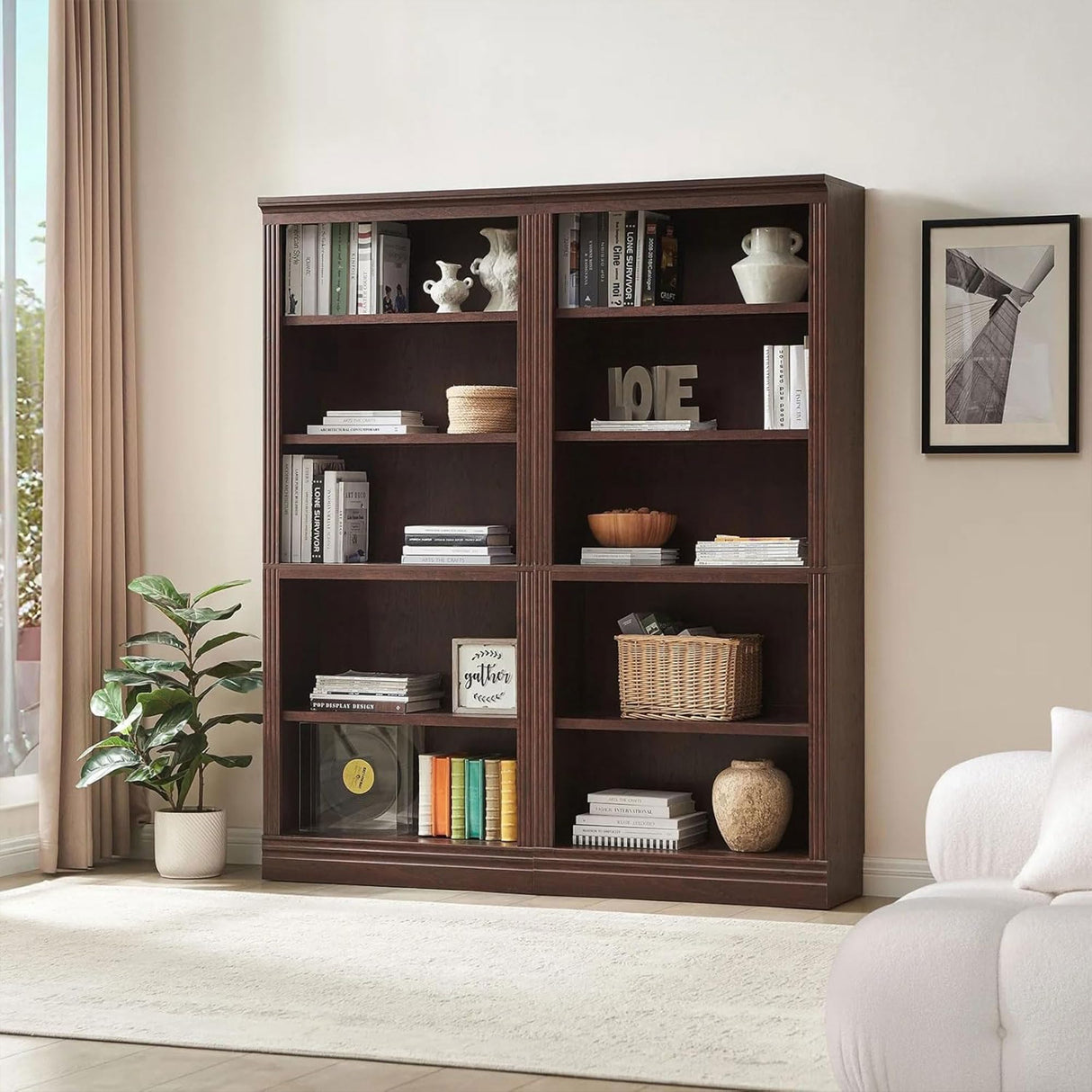 JAHRSTIM Halston Standard Bookcase, Adjustable Storage Open Display Shelving Unit for Home and Office Space, 31.49”L x 13.77”W x 72.8”H, Dark Cherry JAHRSTIM