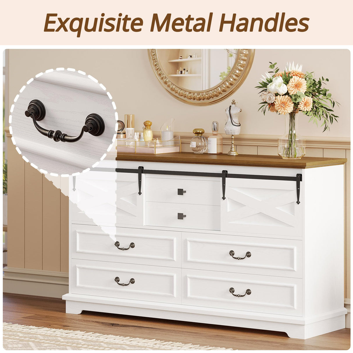 IRONCK Farmhouse 6 Drawers Dresser for Bedroom, 55.1" Large Wooden Chest of Drawers with Sliding Barn Door, White/Walnut IRONCK