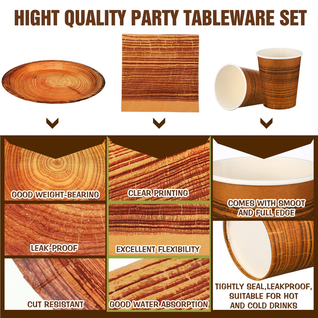 Skylety 200 Pcs Rustic Wood Grain Paper Plates Camping Party Tableware Set Disposable Fall Plate Cup Napkin Hunting Birthday Party Decorations Woodland Party Dinnerware Serve 50 Guests Skylety