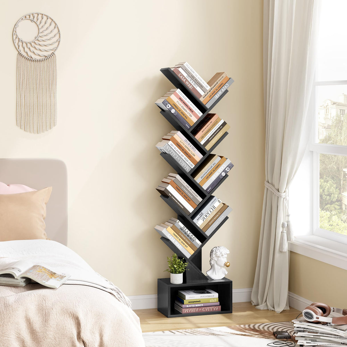 Hoctieon 9 Tier Tree Bookshelf, Tall Bookcase with Drawer, Wood Book Shelf, Modern Floor Standing Bookshelves, Book Organizer Shelves for Bedroom, Living Room, Home Office, Black Hoctieon